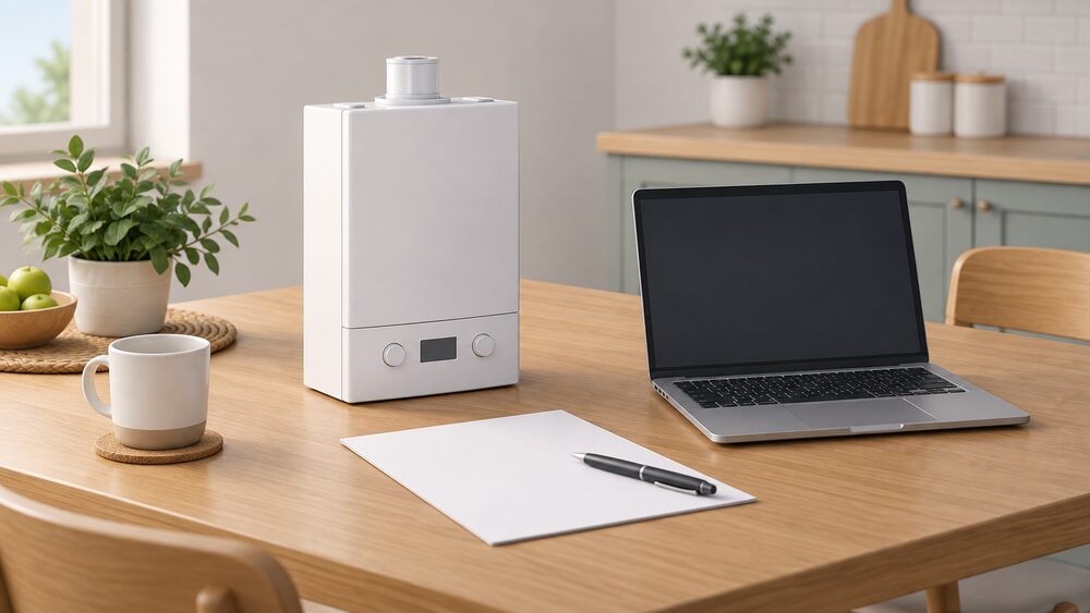 A small model of a wall-hung gas boiler sits on a kitchen table beside a laptop with a blank screen, a blank printed quote sheet and a pen, showing the moment a household orders a boiler installation online.