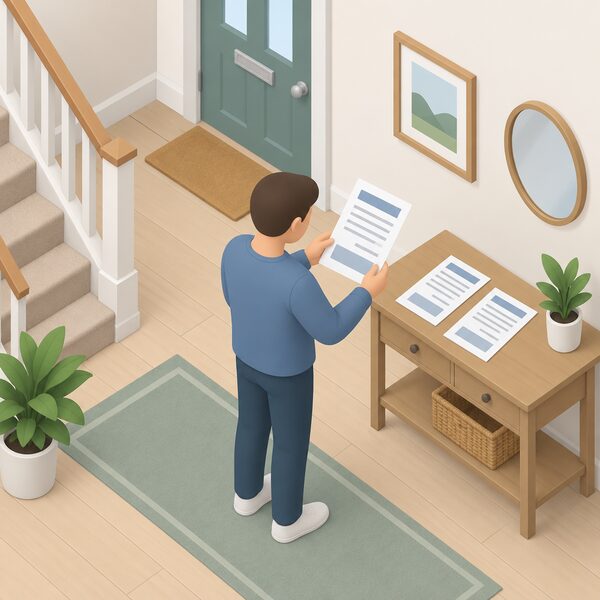 A householder standing in a home hallway holding a printed boiler installation quote sheet, with two more quote sheets laid on a nearby table for comparison, each showing only blank lines and plain blocks where figures would be.