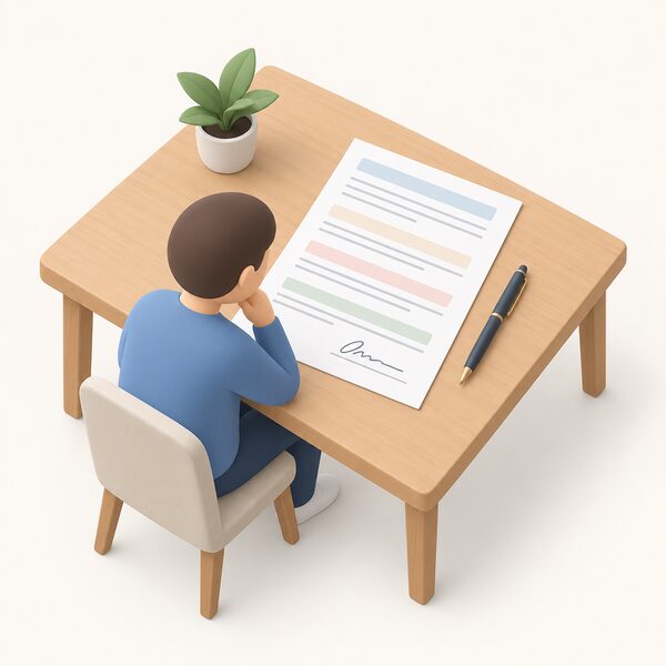 A signed installation contract lying on a kitchen table beside a pen, with a small simplified figure seated reading its terms, the signature line completed and sections on deposits, cancellation and warranty shown only as blank lines and plain colour bands.