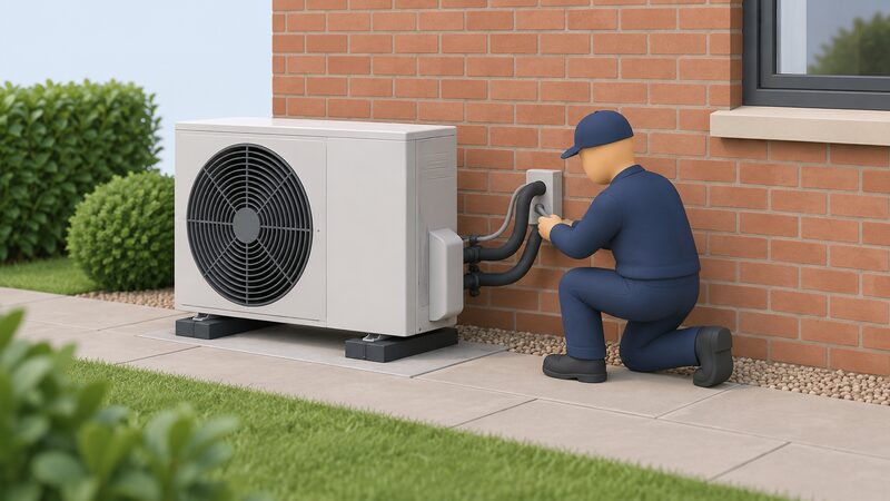 A plain-uniformed engineer kneeling beside an outdoor air source heat pump unit, connecting its pipework and cables to the external brick wall of a house, with the fan unit standing on the ground beside the wall.