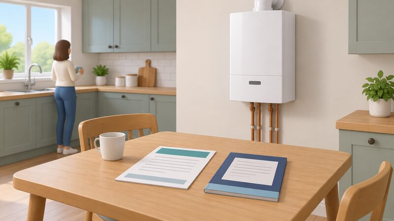 A kitchen table beside a wall-mounted gas boiler holds two separate documents side by side: a HomeCare policy document and a service record booklet, each shown as a physical object with plain blank lines and colour bands instead of readable text, making clear they are distinct products.