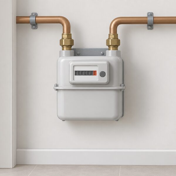 A single simple domestic gas meter unit mounted on an interior wall, with plain inlet and outlet pipes entering and leaving its casing, shown as one clean meter unit of the kind used to monitor gas input to a heat pump in a hybrid system.