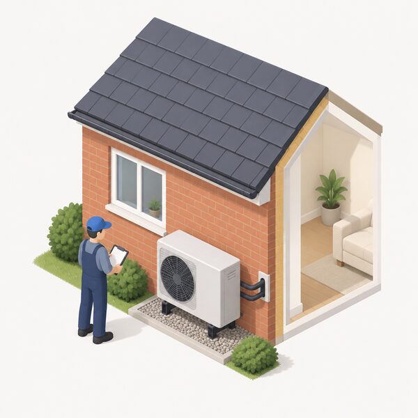 An air source heat pump unit mounted on the outside wall of a small brick home, with a simplified isometric figure of an installer standing beside it checking the completed installation, pipes passing through the wall into the house.