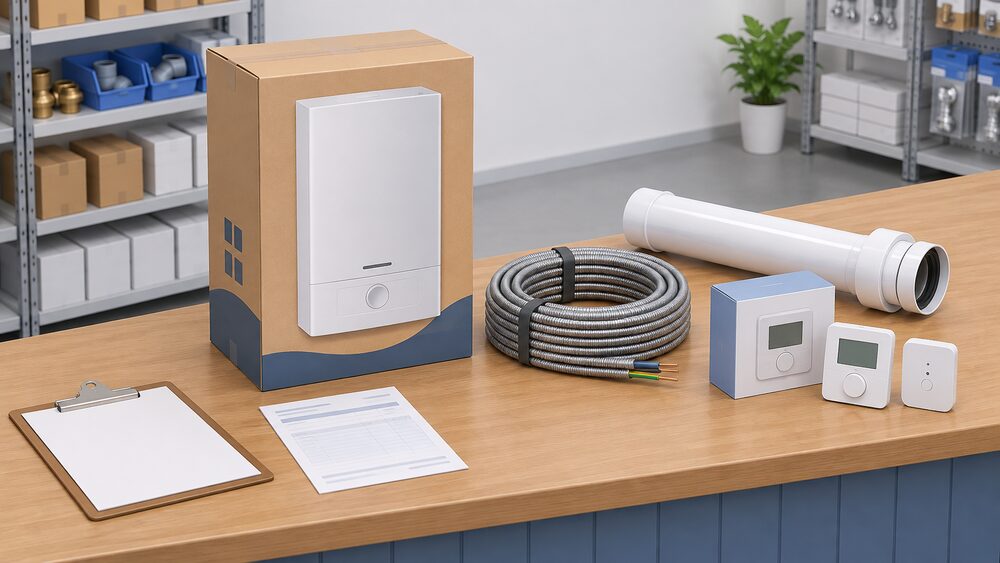 A trade counter scene with a boxed wall-hung boiler, a coiled coil of steel wire armoured cable, a flue pipe section and a set of heating controls arranged on a wooden counter beside a blank clipboard and a delivery note, with no one behind the counter.