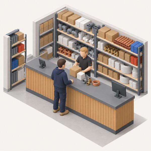 A trade counter inside a builders' merchant branch where a plumber in plain work clothes stands collecting parts, with a wide counter, stocked shelves of boxed plumbing and heating goods behind it, and a small stack of collected parts on the counter.