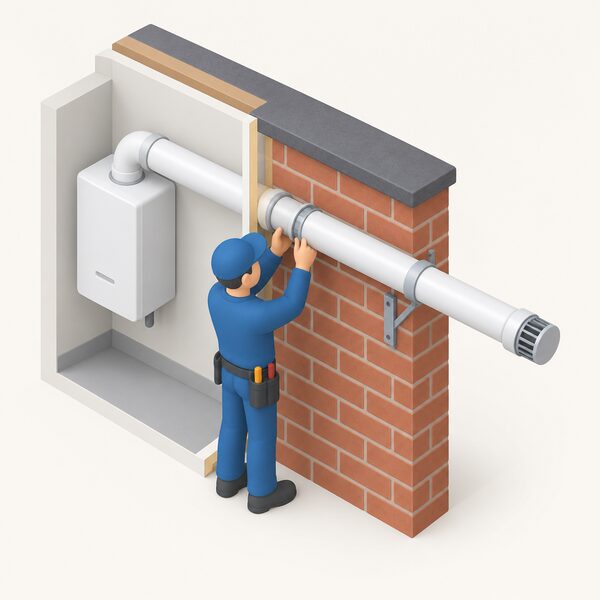 A close-up exterior wall scene showing a horizontal boiler flue pipe passing through the wall, joined to an added flue extension section secured by a wall bracket, with a small isometric installer figure fitting the joint.