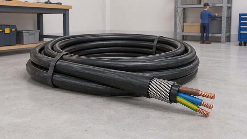 A coil of steel wire armoured cable lying on a workshop floor, with the end of the cable stripped back in layers to reveal the black outer sheath, the steel wire armour beneath it, and the three insulated inner cores exposed at the cut end.