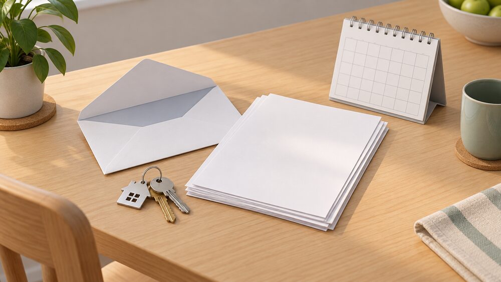 A plain envelope lying open on a kitchen table beside a small stack of blank official-looking documents, with a set of house keys and a wall calendar nearby, suggesting the certificate that arrives after finished building work.