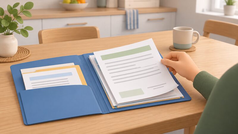 A householder's folder lying open on a kitchen table, holding a small stack of installation paperwork with a compliance certificate sheet on top, its content shown only as blank lines and plain colour bands, with a hand lifting its corner.