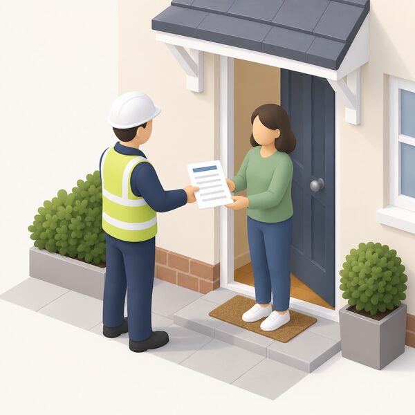 A registered installer, standing at the front door of a completed house, hands a printed certificate on paper to the occupier, who receives it, showing the competent person route where the installer's registration body issues the certificate to the occupier on completion of the work.