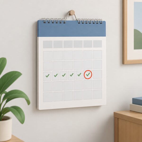 A wall calendar hanging on a plain interior wall with one date circled, and a short row of ticked dates leading up to it, representing the thirty days after completion of the work within which the compliance certificate must arrive.