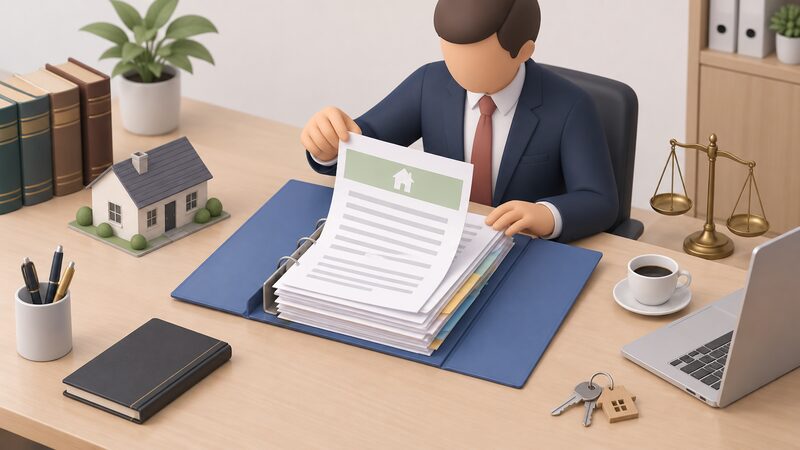 A solicitor's desk with an open property file of stacked documents, one sheet near the top marked as a certificate by a plain colour band, a simplified figure's hand lifting it to check it during a house sale.