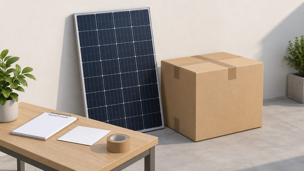 A supply-only delivery moment: a single solar panel leaning against a wall beside an unopened cardboard box, with blank paperwork, an envelope and a tape roll on a table in front, suggesting goods arrived with the installation work still to arrange.