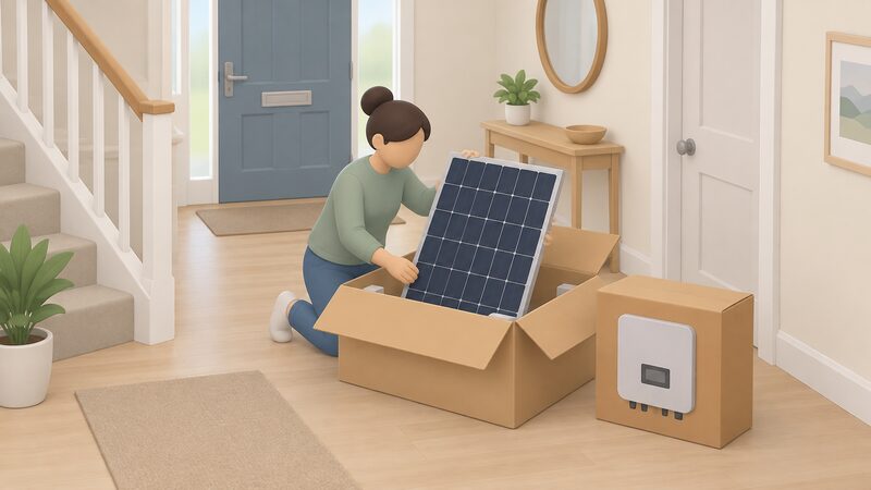 A simplified householder kneels in a home hallway beside an open delivery box, lifting out a solar panel while a boxed inverter sits nearby, with no wiring, roof work or installer present, showing the goods arrived but the installation work is still to be arranged.