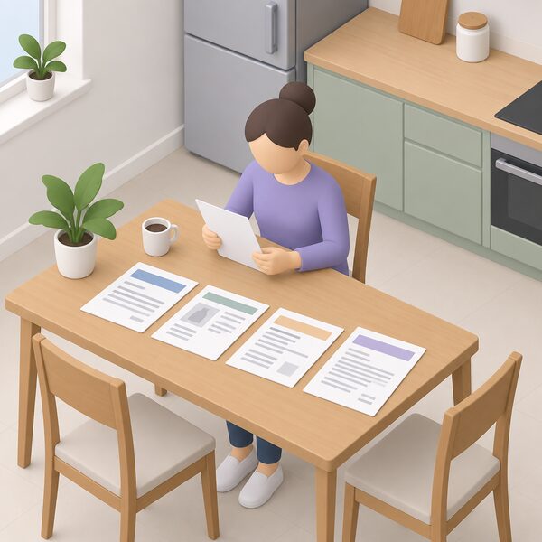 A home kitchen table where a simplified figure sorts the evidence of an online purchase: a printed order confirmation, a page showing the listing description, a delivery note and printed correspondence about the goods, laid out as separate sheets with content shown only as blank lines and plain blocks.