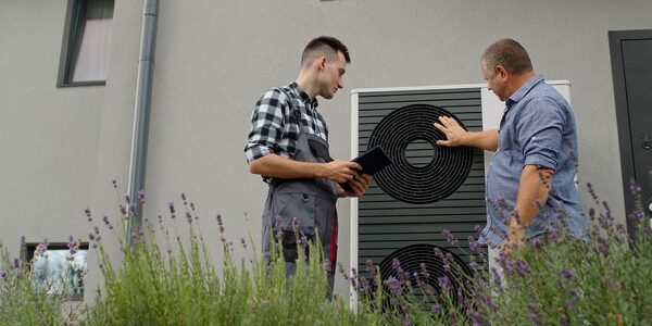 An engineer with a tablet showing a homeowner an air source heat pump installed outside a house