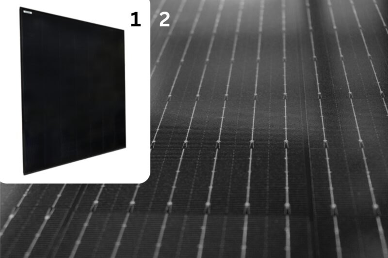 A black full-black solar panel shown at an angle next to a close-up of its monocrystalline cells, numbered 1 and 2