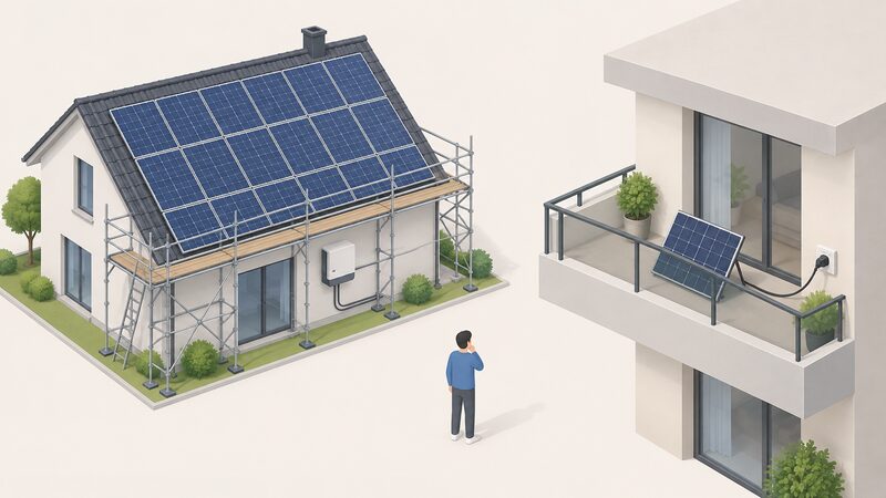 A side-by-side comparison scene showing a large rooftop solar array on a house with an inverter and scaffolding, next to a small plug-in solar panel leaning on a flat balcony railing connected by a cable to a plug socket, with a tiny isometric figure observing the two scales.