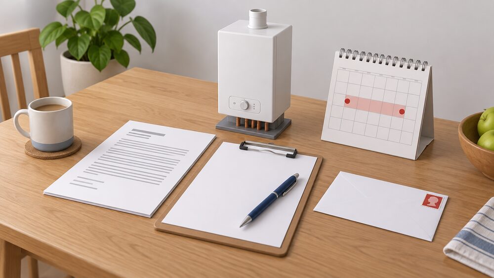 A kitchen table scene of a complaint being written: a blank letter on a clipboard beside a printed contract, a stamped envelope ready to post, a wall calendar showing a marked fortnight, and a small model of a boiler standing nearby as the cancelled work.