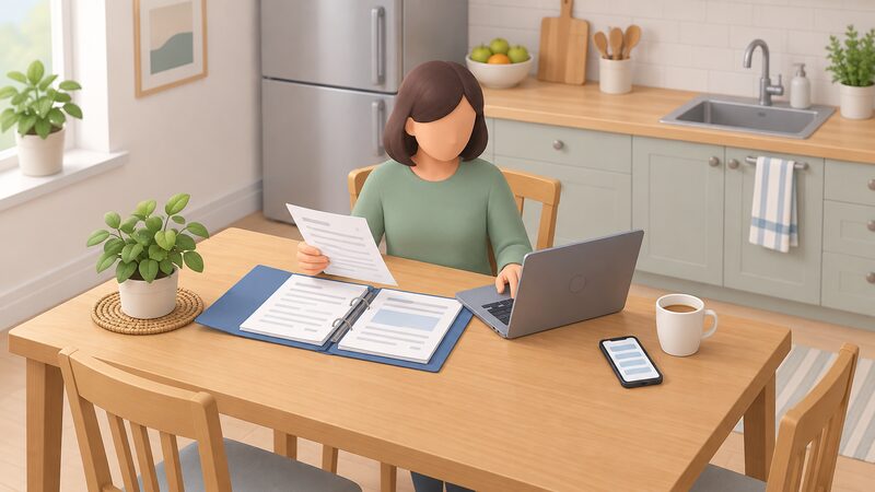 A householder seated at a kitchen table works through a complaint, an open folder of correspondence beside a laptop and a phone, one hand holding a sheet from the folder while checking the laptop screen.