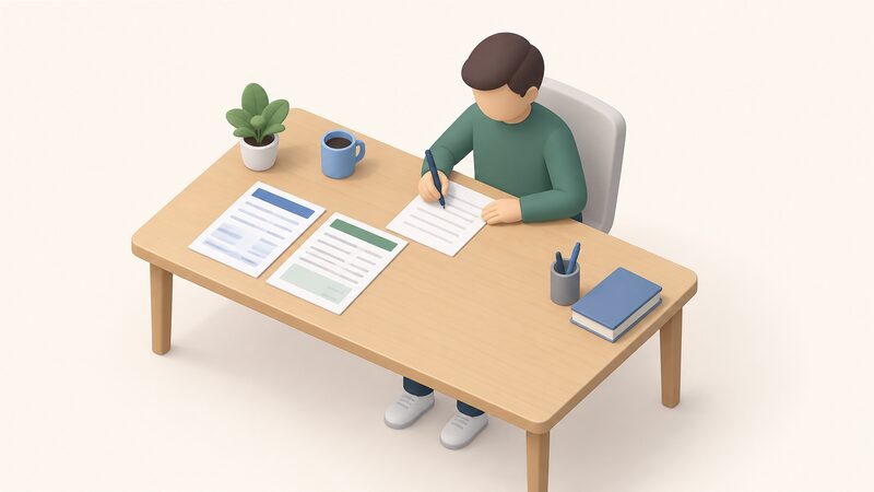 A desk scene with a card statement and a finance agreement laid side by side as physical documents, a simplified isometric householder seated writing a complaint letter, with a pen in hand and a blank sheet before them.