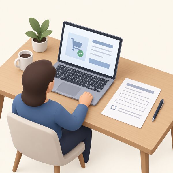 A home desk scene showing a laptop displaying an online order confirmation as a plain screen with blank lines, beside a printed cancellation form lying on the desk with blank fields and a simple tick box, ready for the consumer to complete and return.
