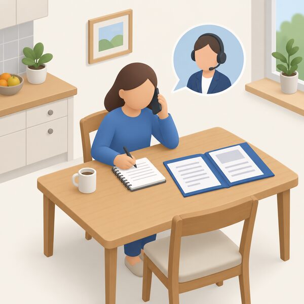 A simplified isometric householder sitting at a kitchen table holding a phone to their ear, taking notes on a notepad, with a boiler installation paperwork folder open beside them, showing them contacting the Citizens Advice consumer service to escalate a complaint about their installer to trading standards.