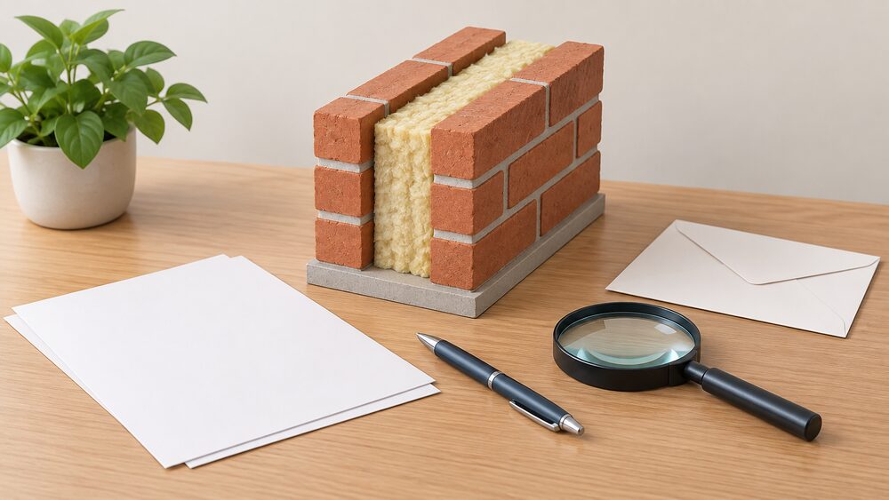A small cutaway model of a house wall with insulation filling the cavity between two brick leaves sits on a table beside blank paperwork, a sealed envelope, a pen and a magnifying glass, suggesting a guarantee claim being started for the property.