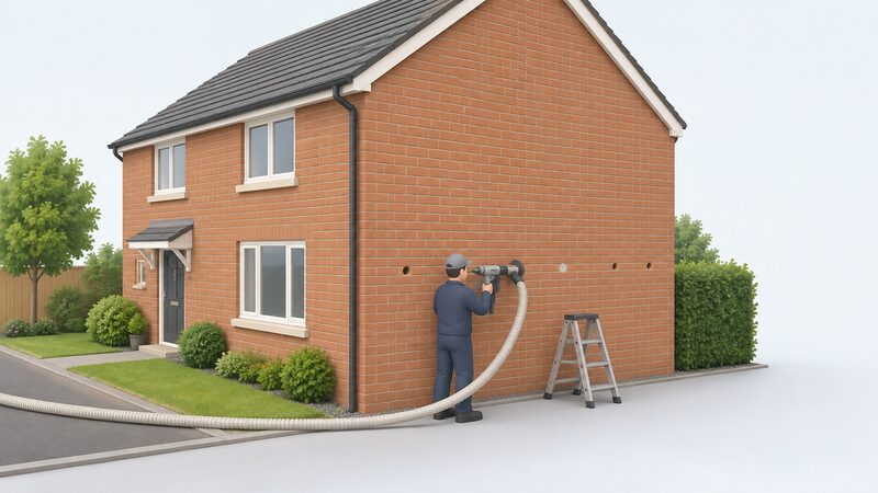 An installer in plain work clothing stands at the gable end of a brick house using a drilling rig on the outer leaf, with a hose from the rig feeding insulation into a drilled hole while a small ladder and a patched, made-good hole nearby show the process.