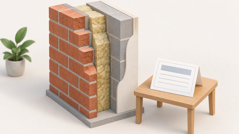 A cutaway of a house external wall showing the outer leaf, the cavity filled with insulation material, and the inner leaf, with a folded guarantee certificate lying on a small table beside the wall model.