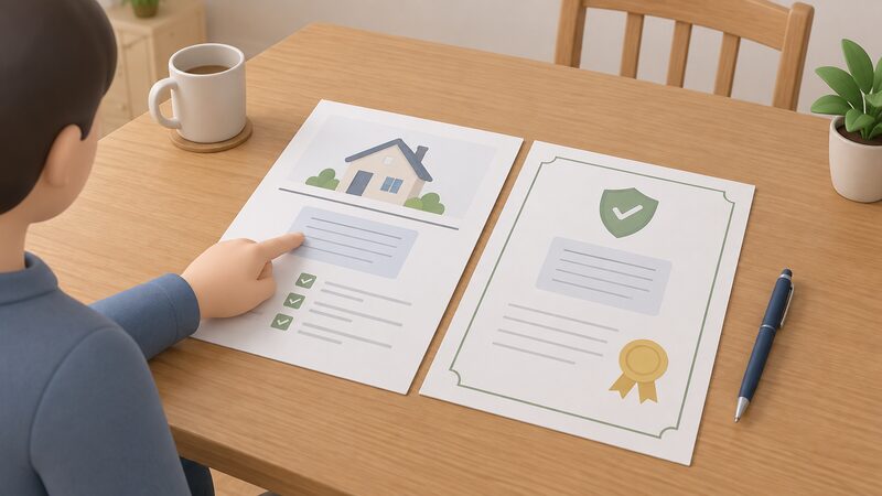 Two paper documents, an inspection report and a guarantee certificate, lie side by side on a wooden table beside a householder's hand pointing to the address block, which is shown as blank ruled lines, with a pen resting nearby.