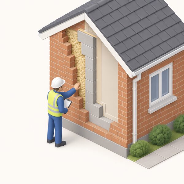 A cutaway view of a small house's external wall showing the cavity between inner and outer brickwork filled with insulation material, with a simplified isometric figure inspecting the filled cavity for defects in materials or workmanship.