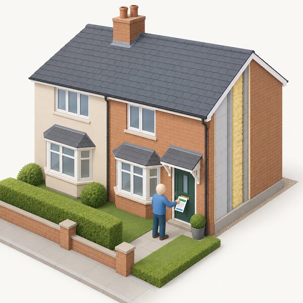 A semi-detached house with a folded guarantee document shown as a physical paper attached at the letterbox or front door area, a plain document with blank lines and colour bands, and a simplified figure of a new occupier receiving it, conveying that the cover stays with the property rather than the person.
