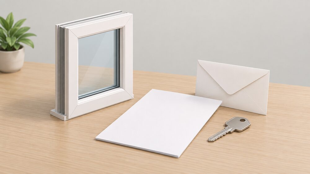 A small model of a house window frame with its glazing bead stands beside a blank certificate document, a sealed envelope and a house key on a table, representing the paperwork a household needs when a window installation is certified for a future home sale.
