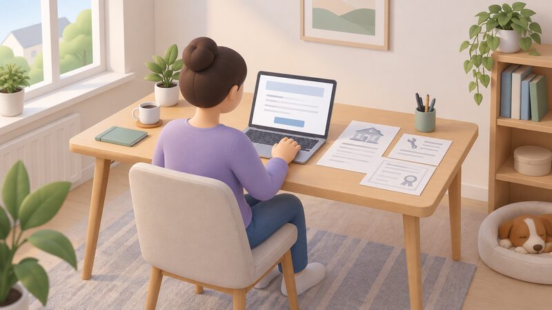 A householder at a home desk completing an online complaint form on a laptop screen shown as blank lines and plain blocks, with printed installation paperwork and a certificate laid out beside the laptop as physical sheets.