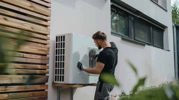 A technician installing an outdoor air-source heat pump unit on the exterior wall of a house