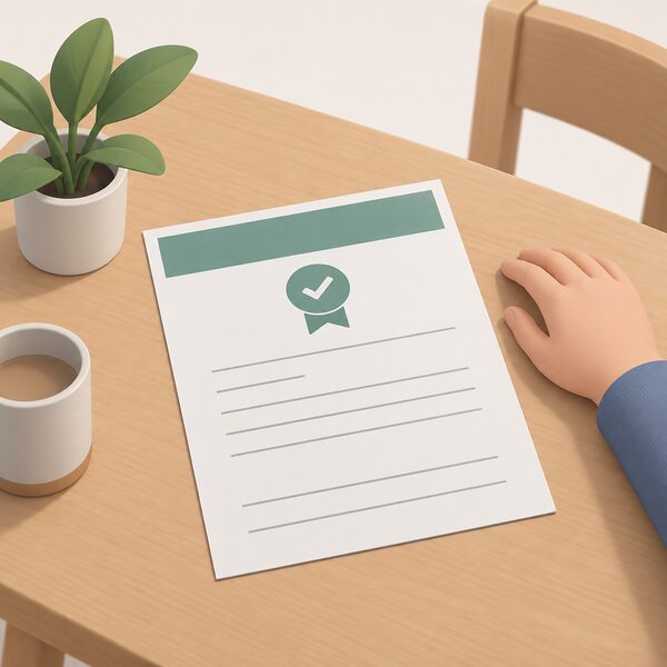 A printed completion certificate lying flat on a household table, shown as a physical document with a plain header band and blank lines where the installer's registration details would appear, with a simplified figure's hand resting beside it.