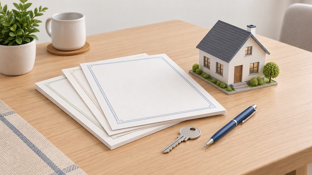 A small bundle of blank certificates and a commissioning record lying on a kitchen table beside a house key and a pen, with a small model of a house standing next to the papers to show the documents belong to the property.