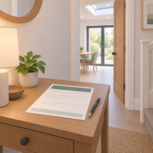 A completion certificate lying on a hall table in a home, drawn as a physical sheet with plain colour bands and blank lines instead of words, beside a pen, with a doorway to the recently altered room visible in the background.