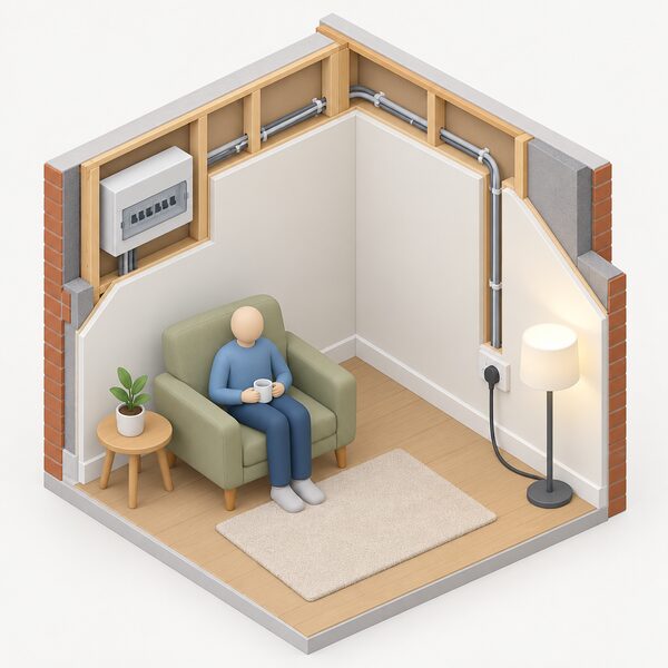 A simple cutaway view of a dwelling room corner showing fixed electrical wiring: cables running through the wall cavity from a consumer unit to a wall socket, with a plug-in appliance nearby to contrast fixed wiring with portable appliances.