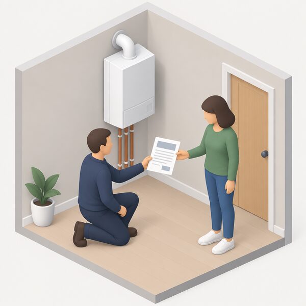 An installer in plain clothing, shown as a small simplified isometric figure, kneels beside a newly commissioned wall-hung boiler and hands a printed Benchmark commissioning certificate to a householder, the document shown as a physical sheet with blank lines and plain blocks instead of readable content.