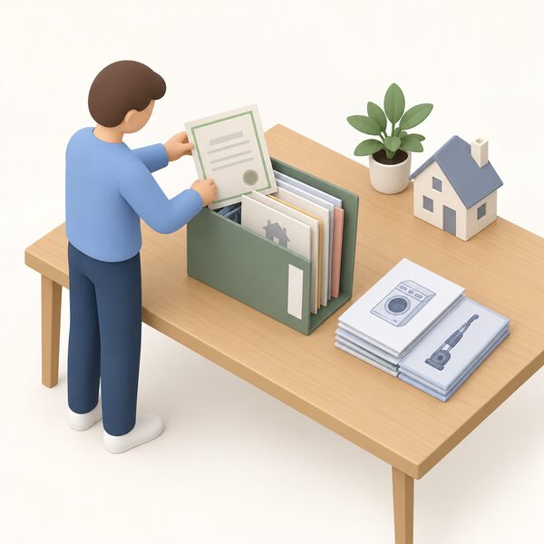 A home filing folder on a table, open to show certificates kept together with the property's other papers such as deeds and conveyancing documents, with appliance manuals in a separate pile nearby, and a simplified figure filing a certificate into the folder.