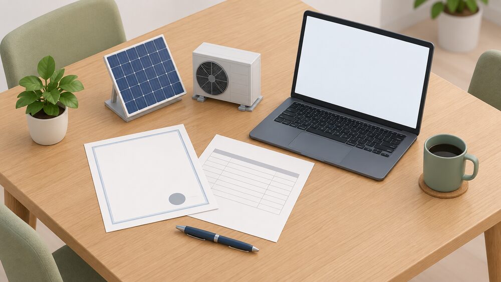 A kitchen table seen from above with a blank completion certificate and a company record printout lying flat, a laptop with a blank screen showing a register search, a pen, and a small model of a solar panel and heat pump beside the paperwork.