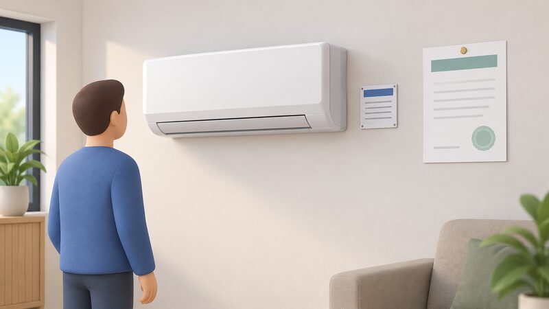 A wall-mounted heat pump indoors with a blank commissioning label fixed beside it and a certificate sheet pinned nearby, both shown as physical documents with plain blank lines and colour bands instead of readable content.