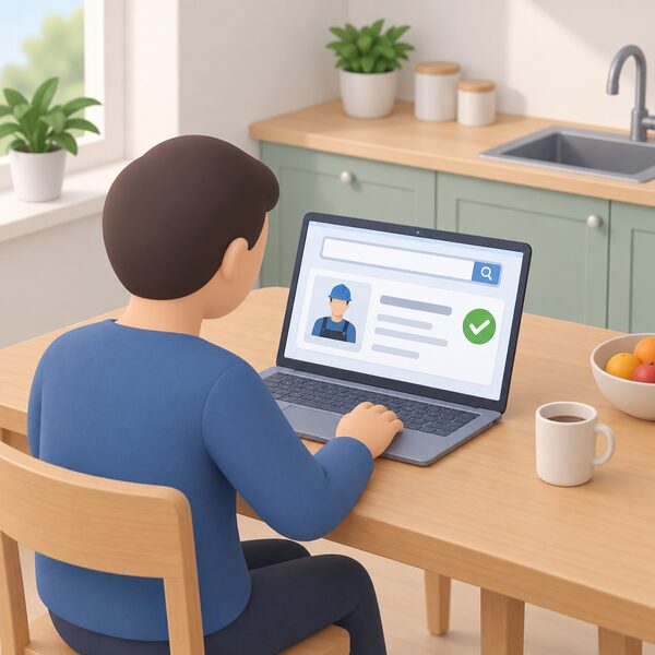 A householder at a laptop or tablet at a kitchen table viewing a searchable online register, the screen showing one installer's entry as a plain record card with blank lines for details and a clear current-status marker, no readable words or numbers.
