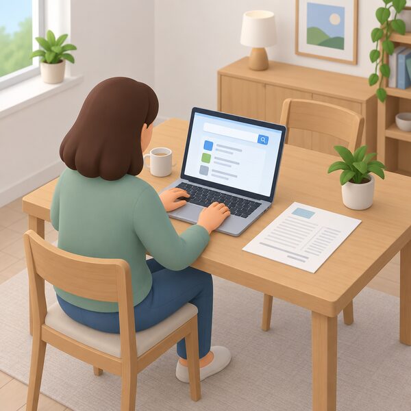 A householder at a table at home typing on a laptop showing a plain search screen, with a paper quote beside them, checking a company entry on a searchable register.