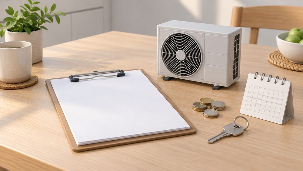A small tabletop arrangement of blank written quote paperwork on a clipboard beside a small model of an air source heat pump outdoor fan unit, with a few coins, a house key and a blank calendar card, all on a plain kitchen table in daylight.