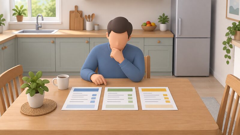 A householder seated at a kitchen table comparing three printed installation quote sheets laid side by side, each showing plain line items and colour bands with no readable words, in a simple domestic kitchen setting.