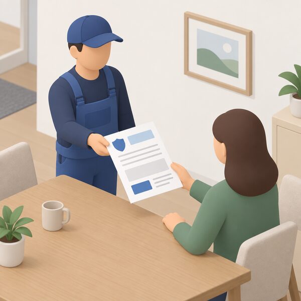 A printed insurance-backed workmanship guarantee document lying on a table in a home, held or handed over by a simplified installer figure, with blank lines and plain colour blocks standing in for its content so nothing is readable.
