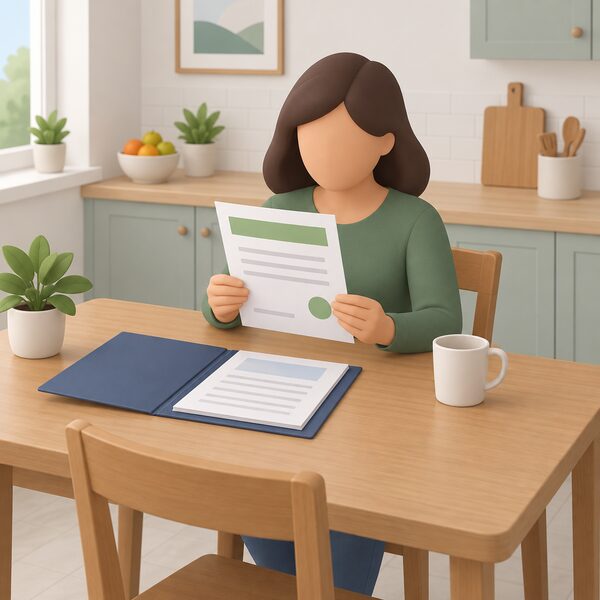 A householder at a kitchen table holding and reading a paper MCS certificate, shown as a physical document with plain colour bands and blank lines instead of readable content, alongside an open quote folder.